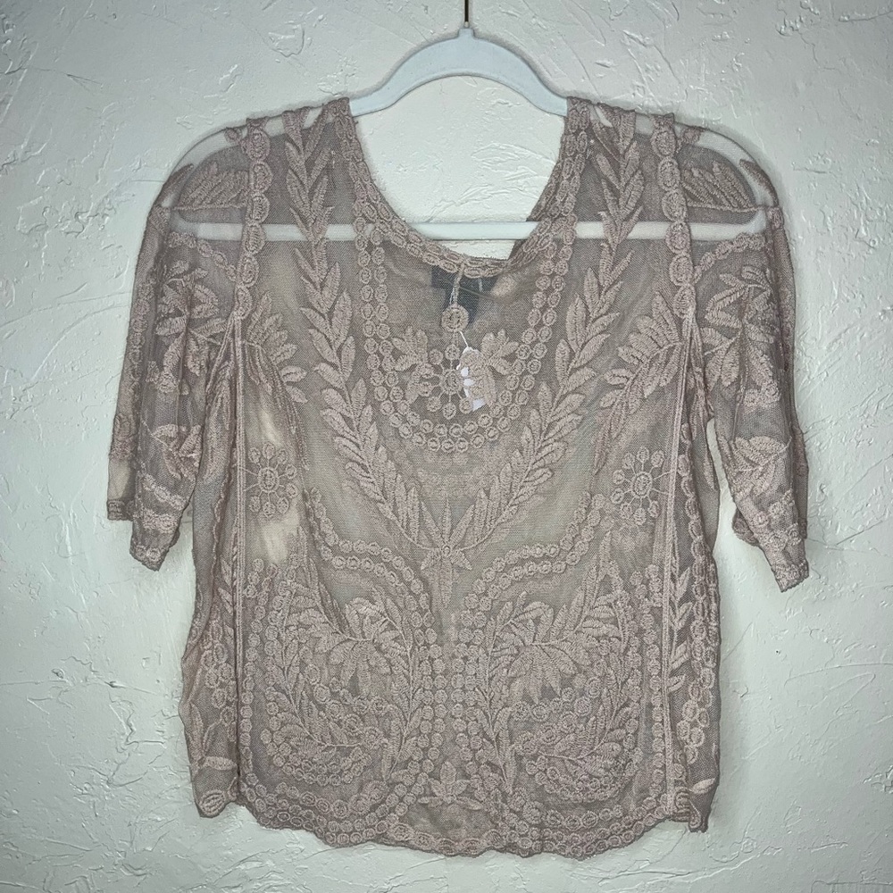 Questions lace tan blouse
